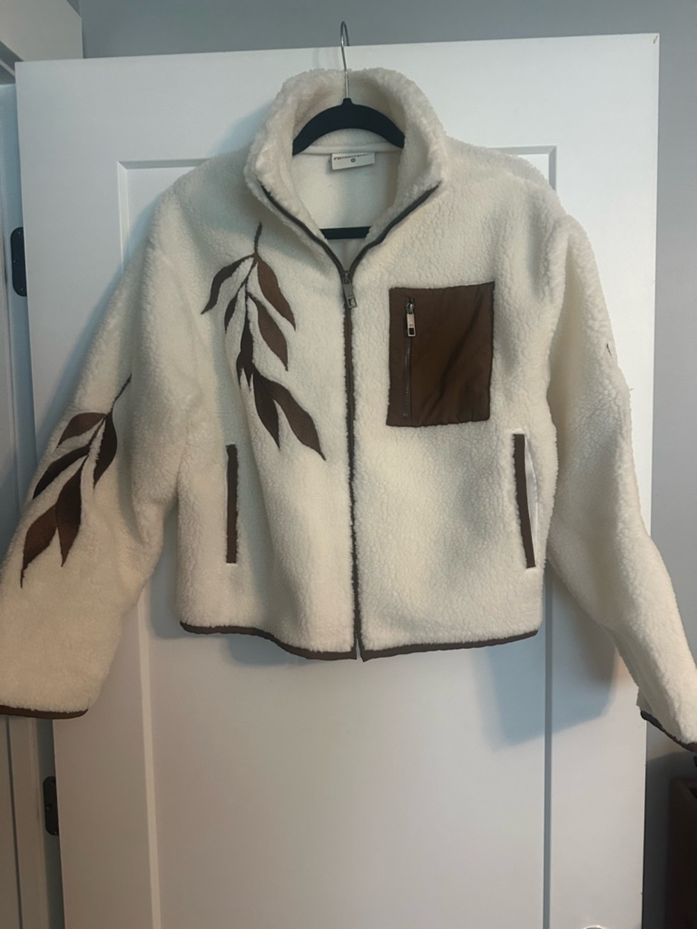 Taylor Swift Cream Sherpa Jacket with Brown Leaf Details